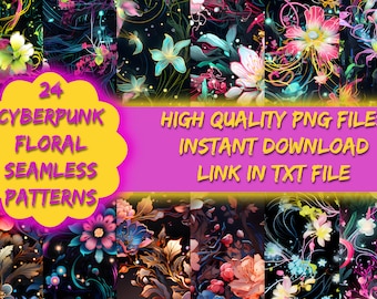 Cyberpunk Floral Seamless Patterns, 24 Digital Files, Instant Download, Unique Futuristic Botanical Art