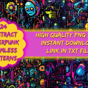 Cyberpunk Abstract Seamless Patterns - 24 Digital Files - Instant Download - Unique Futuristic Art for Designers and Creatives