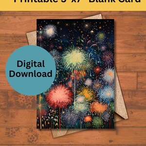 Tarjeta de Año Nuevo imprimible 5x7 - Horizonte nocturno, exhibición de fuegos artificiales vibrantes / Descarga digital / Celebración nocturna / Hermoso cielo nocturno