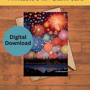 Afdrukbare 5x7 nieuwjaarskaart - Nachthorizon, levendig vuurwerk | Digitaal downloaden