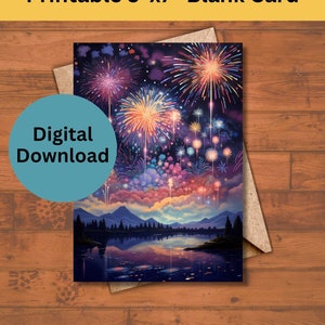 Druckbare 5x7 Neujahrskarte - Nacht Skyline, Lebendiges Feuerwerk | Schöner Nachthimmel | Neujahr 2024 | Berge | Fluss | Gelassen