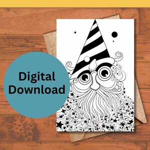 Instant Download Blank Coloring Card, Digital Greeting Card, Coloring Card, Eclectic Santa, Christmas Card, Holiday Card, Season&#39;s Greetings