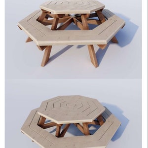 Può includere: Un tavolo da picnic ottagonale in legno con un piano di colore marrone chiaro e gambe marroni. Il tavolo ha un piano ottagonale più piccolo al centro.