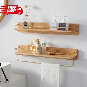 Solid Wood Bathroom Shelf - Wall Hanging - Free Punching - Towel Holder - Bathroom Organizer - Towel Rack - Wall Decor