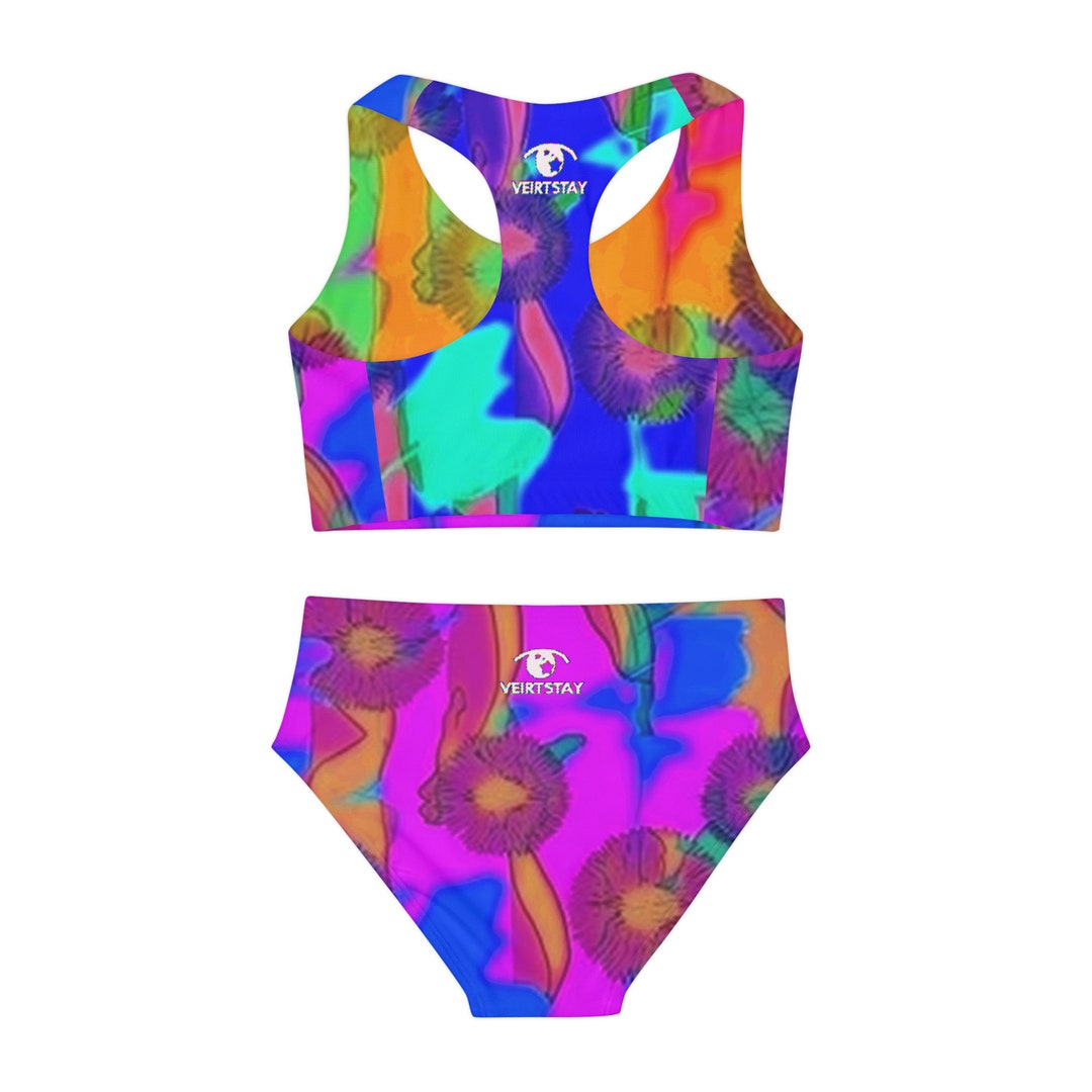 Girls Two Piece Swimsuit Unique Retro Neon Pink Magenta and Indigo Hue ...