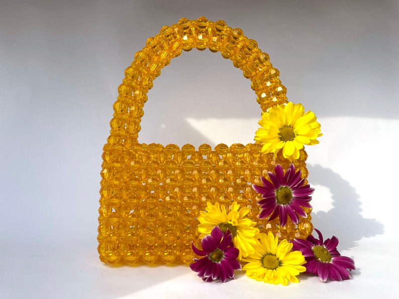 Sparkly Handmade Yellow Gold Beaded Purse, Wedding Purse, Bride, Bachelorette, Prom Handbag, Custom Crystal Bead Bag, Mini Purse, Mini Bag image 2