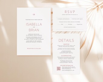May include: A wedding invitation suite comprising three cards. The main card displays "Isabella and Brian" in a mauve font. An RSVP card and a details card are also present, all with text in a similar font. The suite is set against a light beige backdrop.