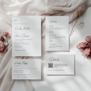 Peut inclure: Ensemble de faire-part de mariage élégants, comprenant quatre cartes blanches avec une écriture noire. L'invitation principale présente les noms "Emily Miller" et "Gavin Johnson". Des cartes supplémentaires fournissent des détails et une section de réponse. Des roses roses séchées et un tissu doux complètent l'ensemble.