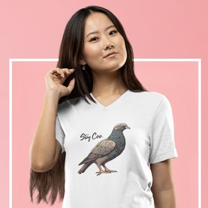 Stay Coo Pigeon V-Neck Shirt: Funny Bird Meme Tee