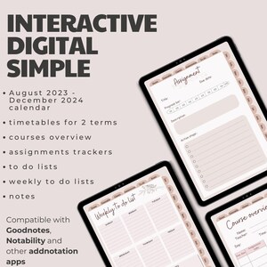 May include: A digital planner template for Goodnotes and Notability apps. The template includes a weekly to-do list, assignment tracker, and course overview. The template is designed in a minimalist style with a light pink background and black text.