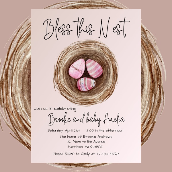 Editable Bless this Nest Instant Digital Download Template for Baby Nesting Party Shower, 5x7, Double Sided, Unlimited Edits in Canva