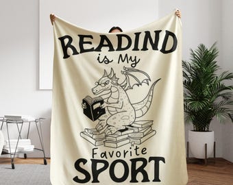 Funny Dragon Reading Is My Favorite Sport Blanket, Book Lover Gift for Kids and Teens, Fantasy Bookish Throw, Cozy Reading Blanket