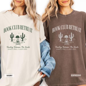 Book club retreat shirt for women with custom text and date, reading between the wines design for literary trip or bookish getaway