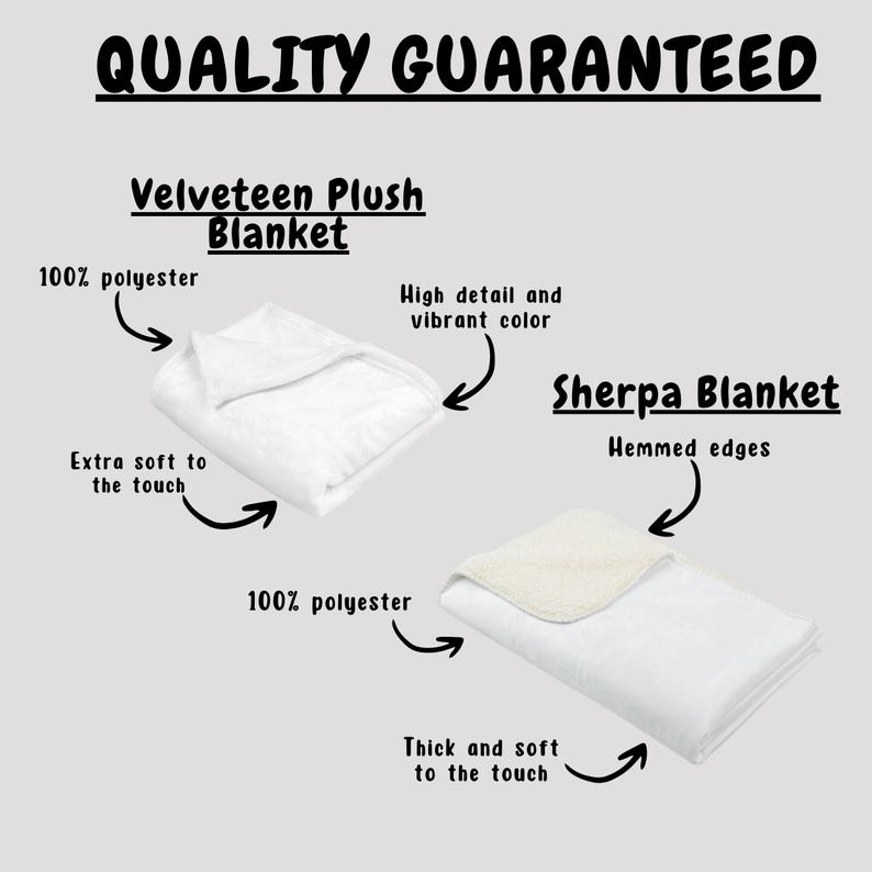 May include: Image of two white blankets, a Velveteen Plush Blanket and a Sherpa Blanket. The Velveteen blanket is 100% polyester, extra soft to the touch, and has high detail and vibrant color. The Sherpa blanket has hemmed edges, is 100% polyester, and is thick and soft.