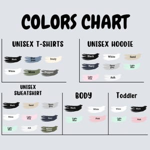 Puede incluir: Tabla de colores para camisetas, sudaderas con capucha y sudaderas unisex. La tabla muestra los colores disponibles para cada tipo de prenda, incluyendo negro, blanco, arena, azul marino, rosa claro, ceniza, azul claro, musgo, pimienta, marfil, gris deportivo y verde militar.