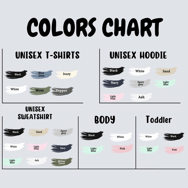 Puede incluir: Tabla de colores para camisetas, sudaderas con capucha y sudaderas unisex. La tabla muestra los colores disponibles para cada tipo de prenda, incluyendo negro, blanco, arena, azul marino, rosa claro, ceniza, azul claro, musgo, pimienta, marfil, gris deportivo y verde militar.