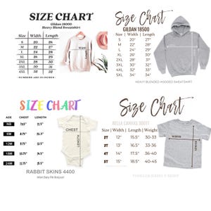 Puede incluir: Tabla de tallas para sudaderas de mezcla pesada Gildan 18000, sudaderas con capucha de mezcla pesada Gildan 18500, camisetas de jersey para ni&ntilde;os peque&ntilde;os Bella Canvas 3001T y bodies de costilla para beb&eacute;s Rabbit Skins 4400. La tabla muestra las tallas, las medidas en pulgadas y los rangos de peso.