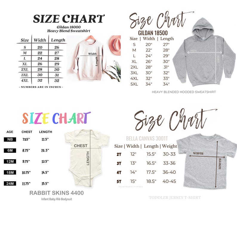 Puede incluir: Tabla de tallas para sudaderas de mezcla pesada Gildan 18000, sudaderas con capucha de mezcla pesada Gildan 18500, camisetas de jersey para ni&ntilde;os peque&ntilde;os Bella Canvas 3001T y bodies de costilla para beb&eacute;s Rabbit Skins 4400. La tabla muestra las tallas, las medidas en pulgadas y los rangos de peso.