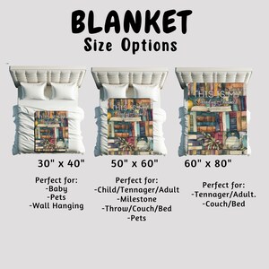 May include: Blanket size options are shown, with sizes 30" x 40", 50" x 60", and 60" x 80". Each blanket features a design of stacked books with the text "THIS IS MY Reading Blanket".