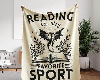 Reading Is My Favorite Sport Blanket, Fantasy Book Lover Gift, Dragon Book Throw Blanket for Readers, Cozy Bookish Room Decor Idea