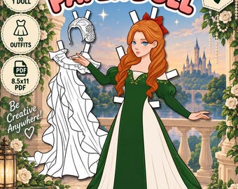 Könnte beinhalten: Ein ausdruckbares Papierpuppen-Set mit einer Figur mit langem rotem Haar in einem grün-weißen Kleid. Die digitale Datei enthält 1 Puppe, 10 Outfits und ist als 8.5x11 PDF formatiert. Der Text lautet Printable Paper Doll, For Ages 7-12, 1 Doll, 10 Outfits, 8.5x11 PDF und Be Creative Anywhere.