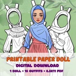 Printable Muslim Paper Doll for Kids Ages 7-12. Cut, Color, Dress up and Play