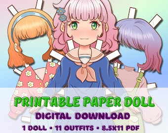 Printable Anime Girl Paper Doll: 10 Outfit Dress-Up - Kawaii Fun (PDF Download)