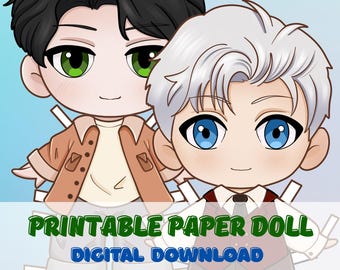 Printable Chibi Boys Paper Dolls - 2 Kawaii Dolls, 10 Outfits (PDF 8.5x11)