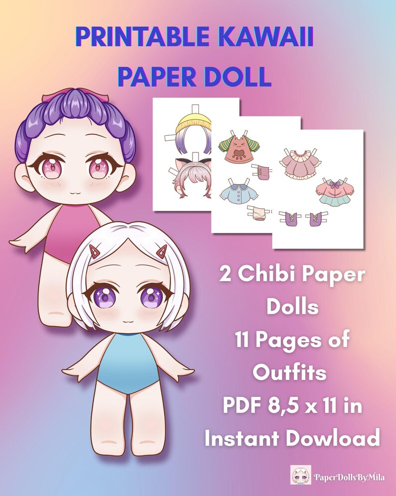 May include: Printable Kawaii Paper Doll featuring two chibi paper dolls with purple and white hair. The image includes 11 pages of outfits. The PDF size is 8.5 x 11 inches.