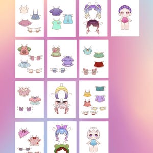 May include: A collection of paper doll sets featuring various outfits and hairstyles. Each set includes a doll and multiple clothing options in pastel colors. The sets are arranged on a gradient background with the text "PaperDollsByMila".