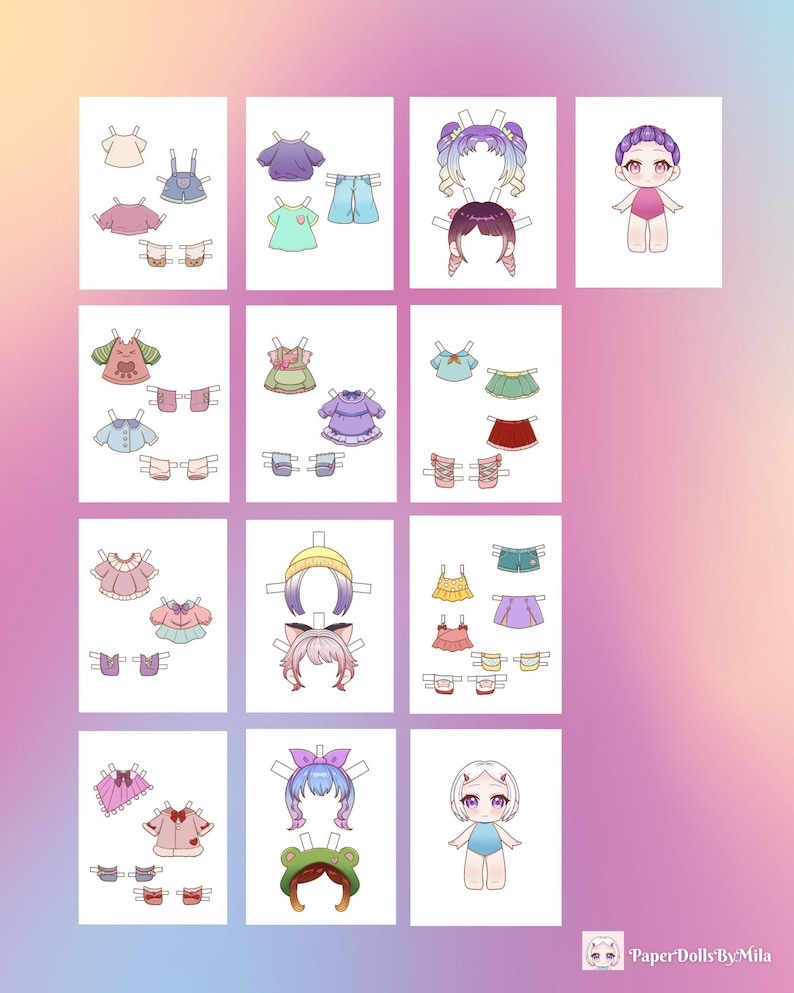 May include: A collection of paper doll sets featuring various outfits and hairstyles. Each set includes a doll and multiple clothing options in pastel colors. The sets are arranged on a gradient background with the text "PaperDollsByMila".
