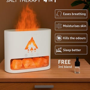 Diffuseur d'huiles essentielles volcaniques, avec 100 % sel de l'Himalaya, lampe à flamme, humidificateur d'air aromatique avec lumière colorée et échantillon de 3 ml d'huile essentielle