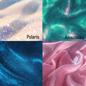 May include: Four fabric swatches with a glittery texture. The swatches are in the colors white, teal, blue, and pink. The swatches are labeled "Polaris", "Amazonika", "52 Hertz", and "Souffl&eacute;".