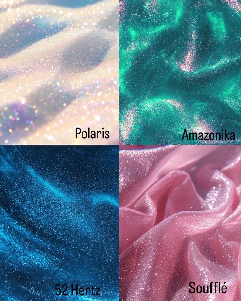 May include: Four fabric swatches with a glittery texture. The swatches are in the colors white, teal, blue, and pink. The swatches are labeled "Polaris", "Amazonika", "52 Hertz", and "Souffl&eacute;".