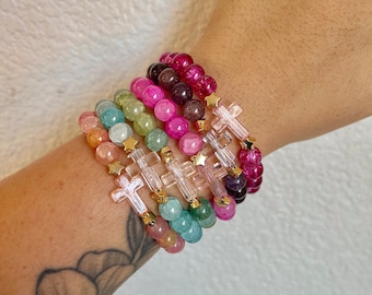 Pulsera con cruz de cuentas de vidrio agrietado / Joyería cristiana religiosa