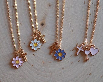 Collares con la cruz de flores y Jesús tiene la llave de mi corazón / Joyería cristiana hecha a mano / Collar de fe / Collares con cruces