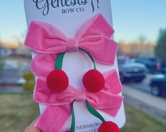 Lazo de terciopelo rosa con cerezas, lazos primaverales, lazos para niñas, accesorios para el cabello, diademas para bebé, lazo rosa, cerezas