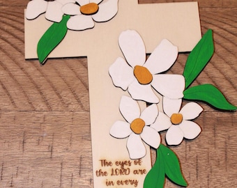 Cruz de madera grabada con flores, pintada a mano, decoración de pared, cruz, flores, grabada, colores personalizados