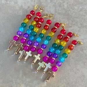 Glass Beads Rainbow Gold Cross Keychain | Religious Keychain | Cross Keychain | Rainbow Keychain | Baptism Keychain | Christian Gifts