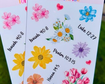Hoja de pegatinas con flores y versículos bíblicos