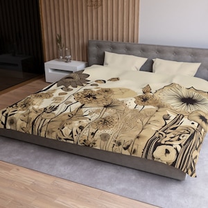 Wildflower Microfiber Duvet Cover, Superb Detail and a piece of art for your bed. Cottagecore Wildflower Duvet Cover in a Neutral Duotone.
