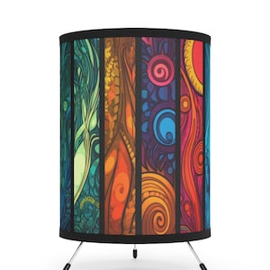 Boho Psychedelic Tripod Lamp with Dazzling Colours Printed Shade, Cartoon Color and Hyper Detailed. Statement Piece!