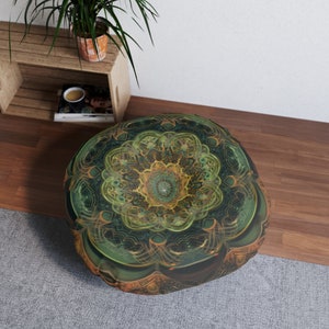 Emerald and Gold Mandala Tufted Floor Pillow, Round. Colorful Style in a Retro Design. Great Floor Seating Cushion. Loft Dorm Free Shipping