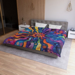 Dekbedovertrek met psychedelische zonnebloemprint, microvezeldekbedovertrek, wilde retro-zonnebloem met stralen in veelkleurige zentangle. Boho-decor, beddengoedcadeau