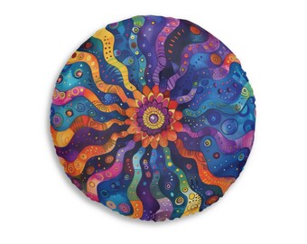 Zentangle Sunflower Tufted Floor Pillow, Round. Colorful Style in a Retro Design. Great Floor Seating Cushion. Loft Dorm Bedroom Pillow