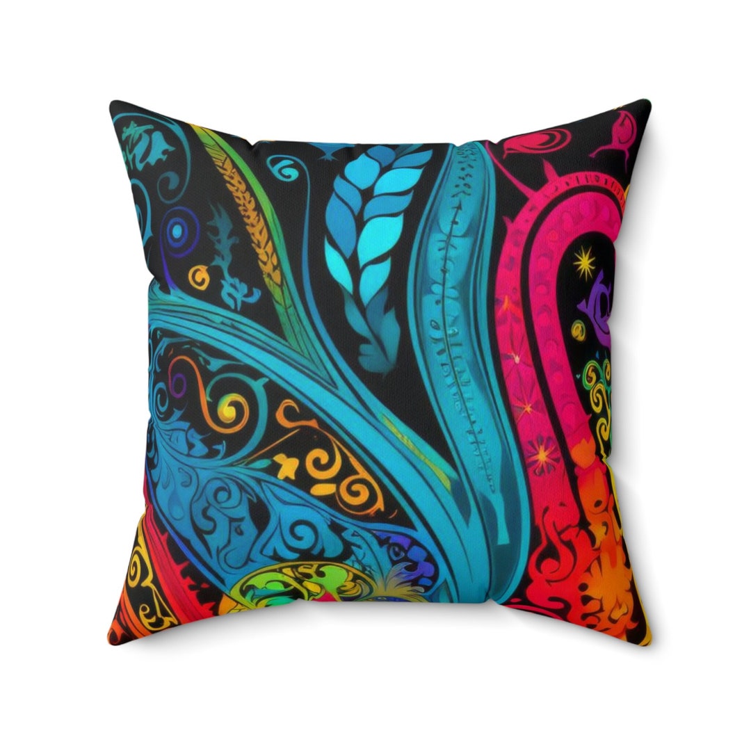 Boho Paisley Pillow In Faux Suede Psychedelic Square Cushion With boho-paisley-pillow-in-faux-suede-psychedelic-square-cushion-with
