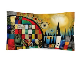 Funda de almohada de microfibra con diseño de paisaje urbano y arte popular, colores vibrantes con arte popular único en una funda estilo edredón.