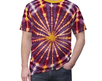 Dark Red and Gold Star Tie Dye Print Tee.Cool Distressed Style. Amazing Color and a True Modern Take on a Retro Style. Berry Pink Tie Dye.