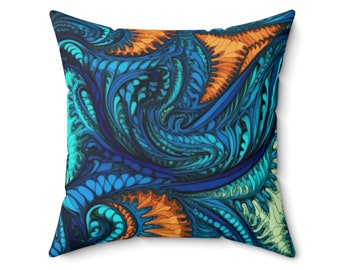 Blue Butterfly Abstract Pattern -Spun Polyester Square Pillow, Butterfly Inspo Throw Pillow. Teal, Blue, Gold throw pillow.