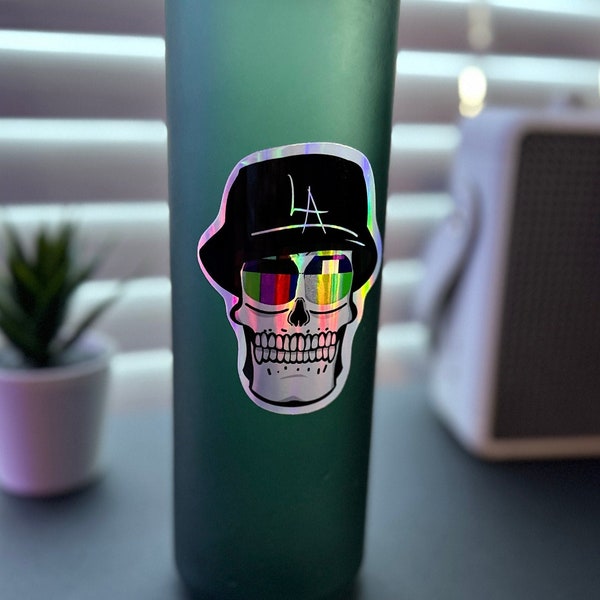 Skull Sticker With Los Angeles Bucket Hat - LA Hat Holo Sticker For Car, For Macbook, For Water Bottle